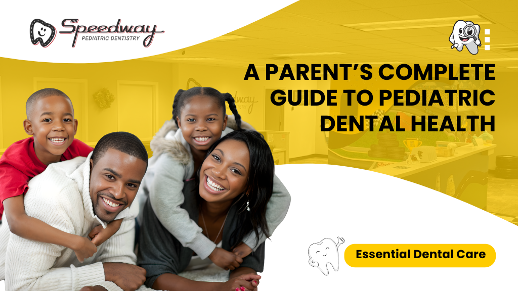 Happy family with parents and two children smiling for pediatric dental health care in Speedway, IN